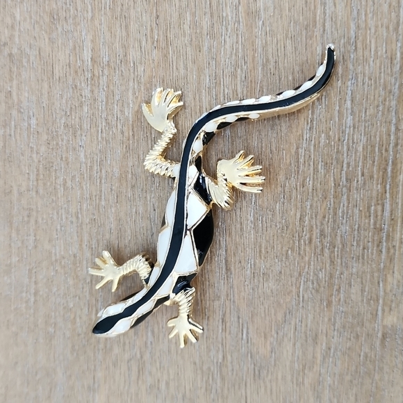 Vintage 80s Salamander Gecko Lizard Brooch Black White Gold 4" Retro - Picture 2 of 5